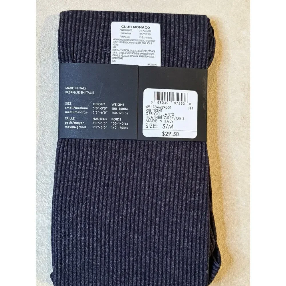 Club Monaco Women's Ribbed Tights Heather Grey S/M Polyamide Made in Italy